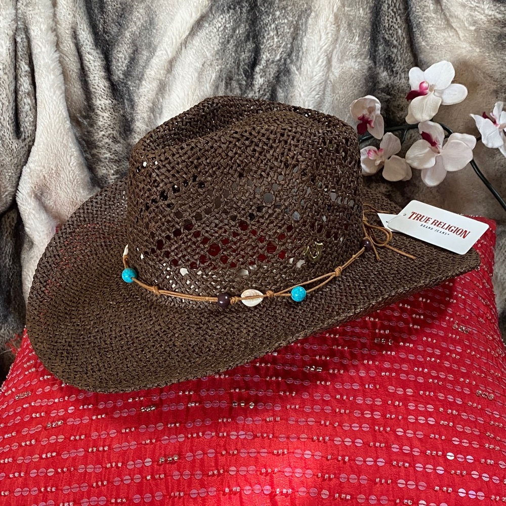 True Religion Cowboy Logo Adjustable Band Embellished Chocolate BrownBeachHatNWT